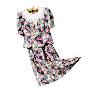 80s Cottagecore Floral Dress Puff Sleeves Lace Collar Midi RARE XL Plus Size